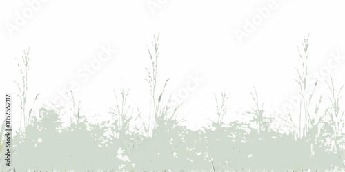 Delicate green grasses and foliage against a softly blurred white background