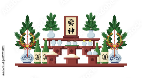 Detailed illustration of a traditional Japanese Shinto household altar, or kamidana, with offerings like sake, rice, and salt.