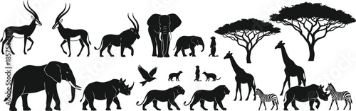 African wildlife silhouettes collection with safari animals trees and birds isolated on white background nature savanna vector illustration setWeb