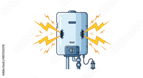 Cartoon illustration of a broken electric water heater or boiler sparking with electricity, indicating a malfunction or danger.