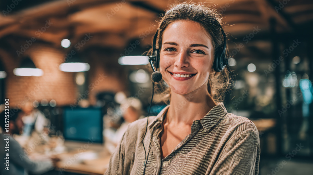 Fototapeta premium Smiling Customer Service Representative at Busy Call Center