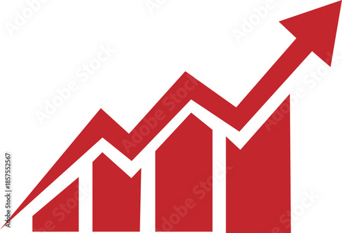 Red and white graphic showing a rising bar chart with an upward trending arrow symbolizing growth
