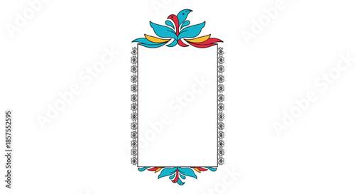 Elegant vertical frame with colorful, ornate floral and avian designs at the top and bottom, and a simple border on the sides.