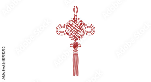 Detailed line art illustration of a traditional red Chinese knot, a decorative handicraft symbolizing good luck and prosperity.