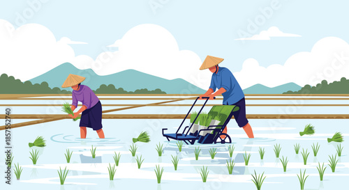 Vector illustration of two Asian farmers in conical hats planting rice seedlings in a flooded paddy field with mountains behind.