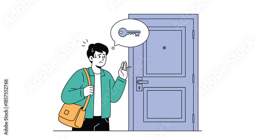 Cartoon illustration of a worried man standing in front of a locked door, realizing he has forgotten or lost his key.