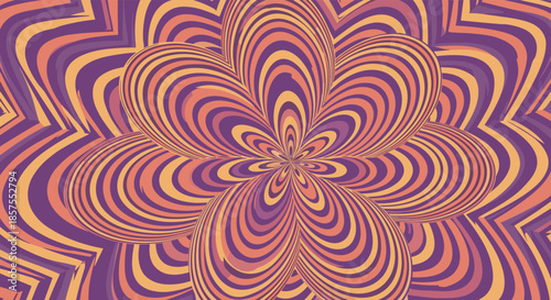 Psychedelic abstract background with an optical illusion of a blooming flower created by swirling purple and orange stripes.