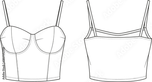 Bustier crop top technical sketch, fashion flat drawing, vector apparel illustration, front and back view, garment design, CAD template