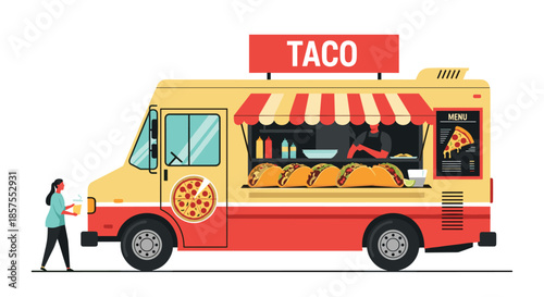 Vector illustration of a yellow and red food truck selling tacos and pizza, with a customer waiting for their order.