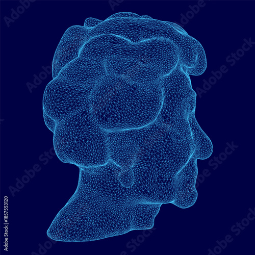 A stylized blue wireframe head of a man features intricate lines and geometric shapes. The detailed granny structure creates a modern digital portrait on a solid blue background.