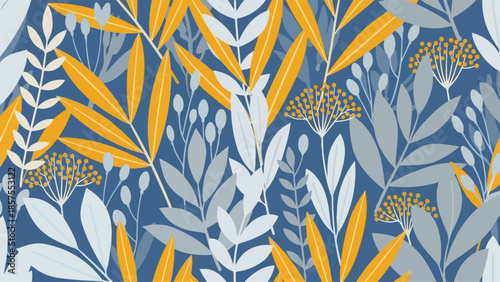 Vibrant Floral Pattern with Leaves and Flowers in Shades of Blue and Yellow