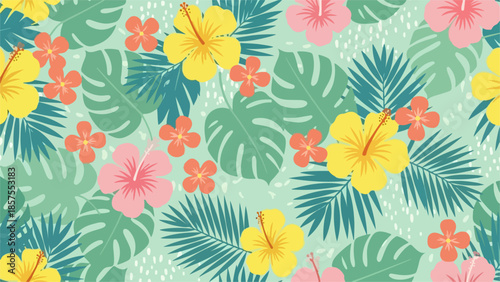Tropical flowers and leaves pattern with hibiscus, palm, and floral elements on a seamless background