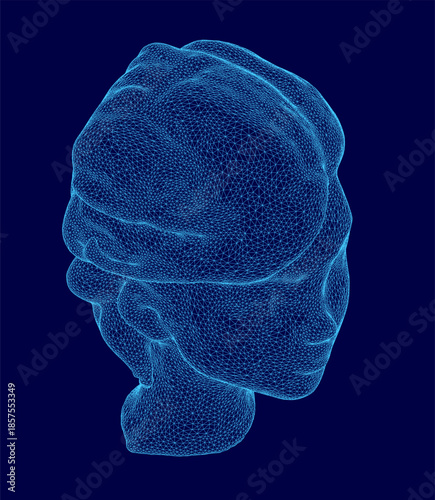 A stylized wireframe model of a human brain is contained within a woman's head silhouette. The intricate mesh design represents advanced technology and neural connections.