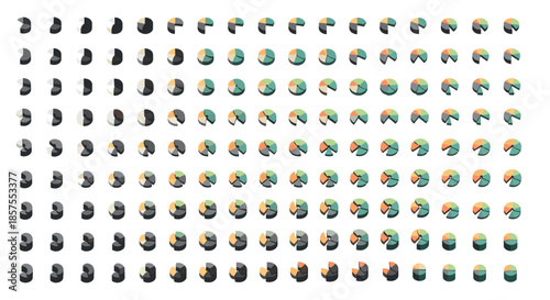 A large set of 3D pie charts showing various percentages and data segments, arranged in a grid with color and shade variations.