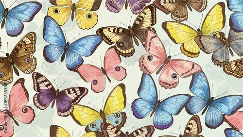 Colorful butterflies flying in various directions against a light background