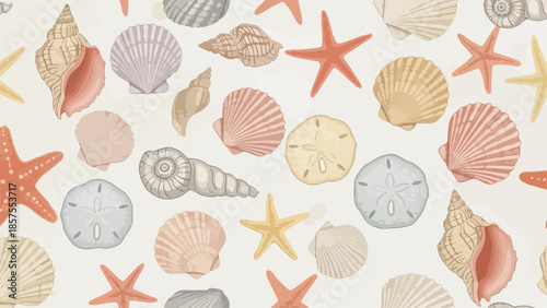 Assorted seashells and starfish arranged in a visually appealing pattern on a neutral background