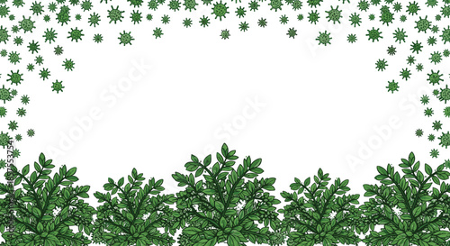 Medical or environmental themed frame with green virus or pollen particles above and healthy plant foliage below on a white background.