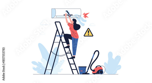 Vector illustration of a woman on a ladder repairing a broken and leaking wall-mounted air conditioner with tools and a vacuum.