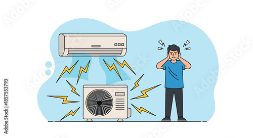 A man covers his ears in frustration due to the loud noise from a malfunctioning air conditioner indoor and outdoor unit.