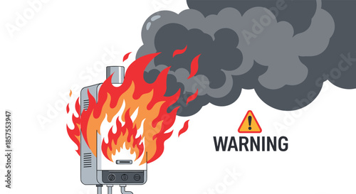 A dangerous situation illustrated by a gas water heater or boiler on fire, emitting thick black smoke with a warning sign.