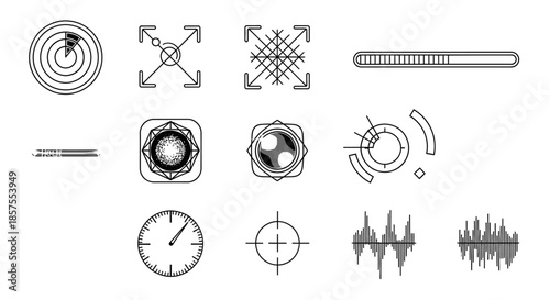 Abstract futuristic UI HUD elements and waveforms on white background