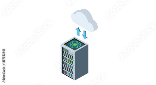 Isometric icon of a data server rack connecting to a cloud symbol with upload and download arrows for cloud computing concepts.