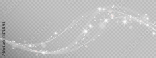 Flowing white light wave with sparkling particles on transparent background.
