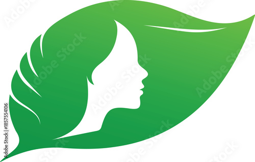 organic cosmetics brand icon, woman profile inside green lea, herbal health and beauty logo template, green leaf woman profile.