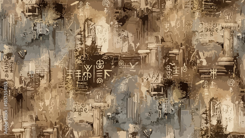 Aerial view of industrial landscape with architectural structures and machinery in a grungy, abstract environment