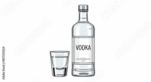 Clear Vodka Bottle with Shot Glass Illustration Isolated on White Background for Bar and Party Concept