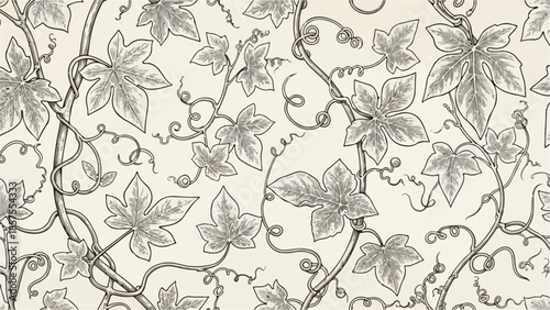 Black and white illustration of vines and flowers on a textured background