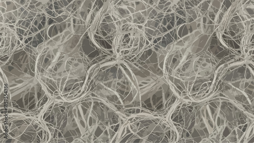 Intricate white fibers tangled together in a complex pattern viewed from above in a detailed close-up shot