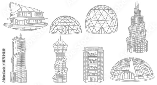 Set of modern architectural building designs in outline illustration