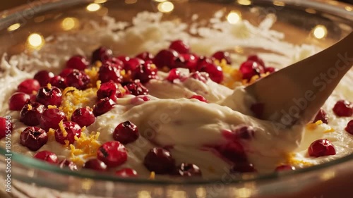 Close-up of a bowl of cranberry sauce with a wooden spoon.