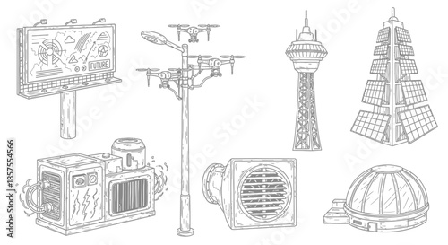 Futuristic city elements and smart technology doodles on white background