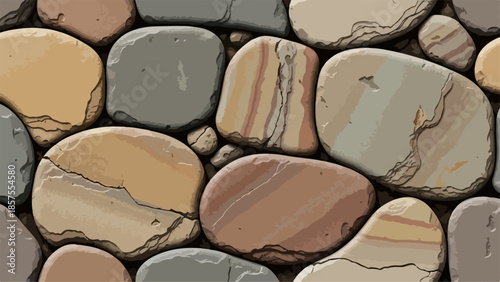 A close-up illustration of a stone wall constructed from variously sized rocks in shades of brown, gray, and tan, viewed from directly above.