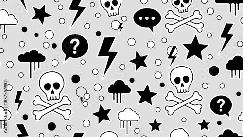 A monochrome illustration featuring skulls, crossbones, stars, and various weather elements in a chaotic pattern.