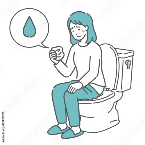 トイレで紙を見て経血やおりもの、尿漏れを確認する女性のイラスト（不正出血・雫アイコン）