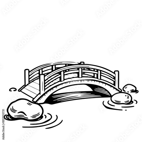 A simple drawing of a small, beautiful garden with a bridge. Vector for laser or similar. AI generated.