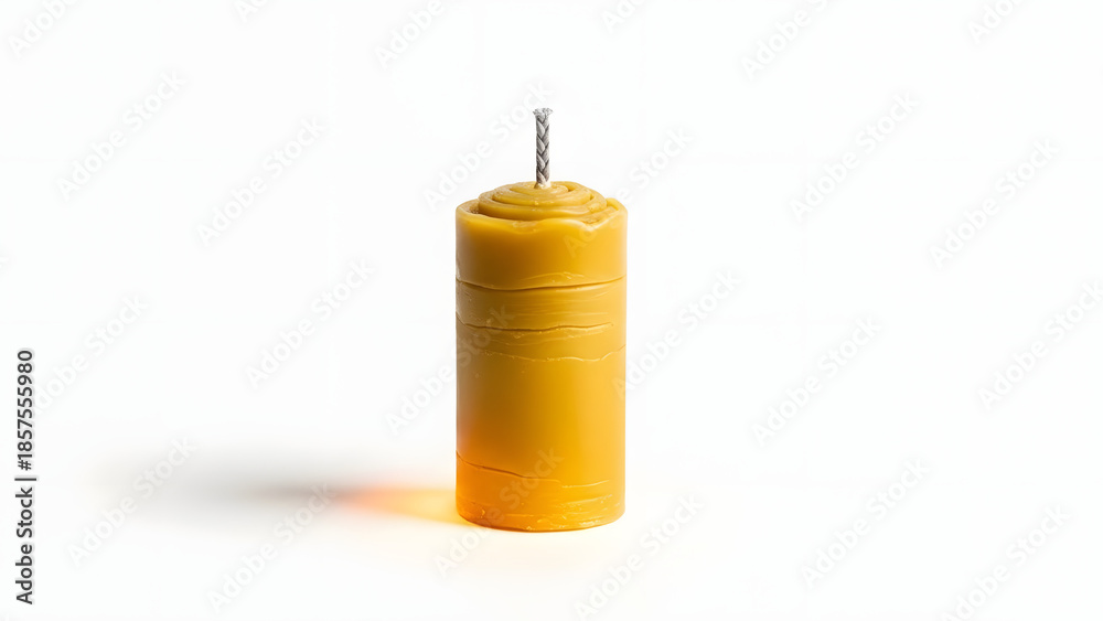 Obraz premium Lit natural yellow beeswax honeycomb candle with burning flame isolated on white background, handmade, wellness, organic, light