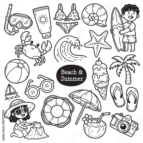 Cute Beach & Summer Vacation Doodle Illustration Art Collection Pack
