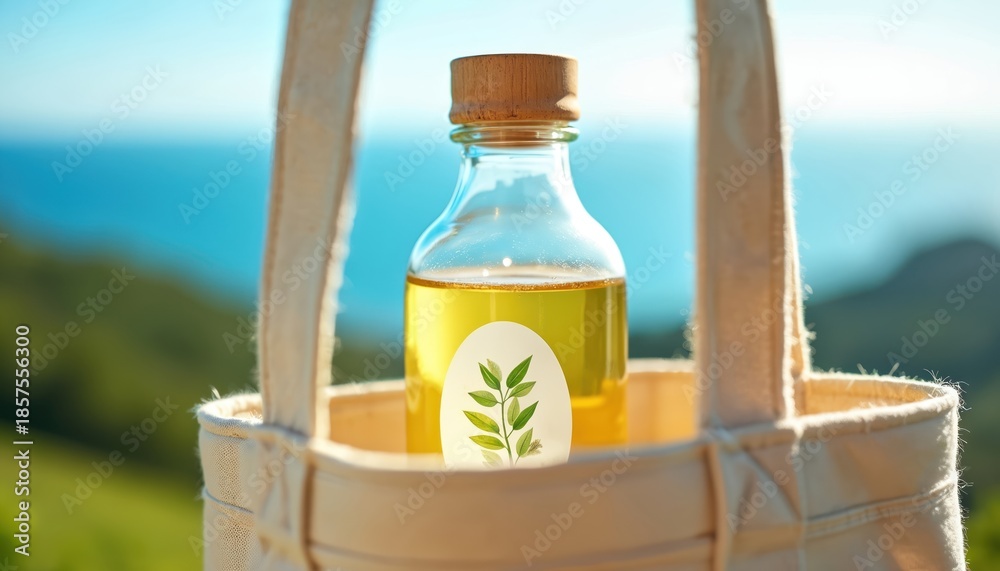 Obraz premium Glass bottle with yellow liquid and green leaf sticker rests in fabric tote bag against blurry blue ocean background. Natural light outdoors.