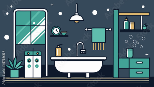 A bathroom interior with a bathtub, sink, and washing machine, decorated in teal and white colors