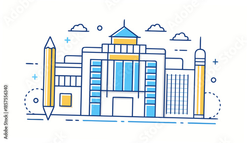 A blue and yellow line drawing of a building with a pencil and pen on a with clouds and symbols