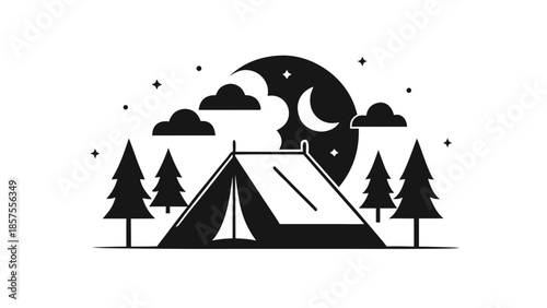 Black and white illustration of a tent under a night sky with trees