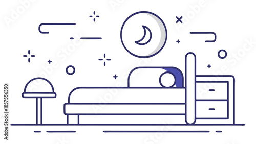 A minimalist line drawing of a bedroom at night with moon and stars
