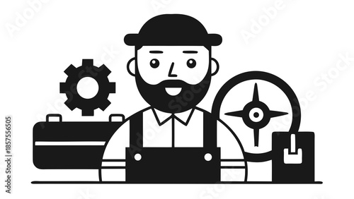 Bearded man in overalls and bowler hat with gear and tools