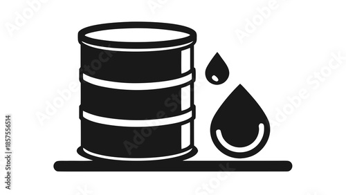 Black oil barrel icon with a drop of oil on a flat surface