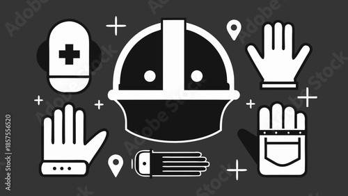 Construction worker safety icons including hard hat and gloves on dark background