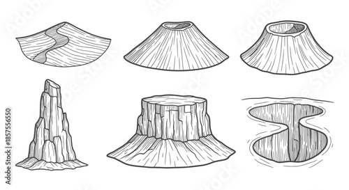 Set of sketch doodle illustrations depicting different natural landforms